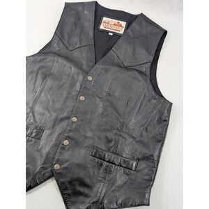 Vtg Saguaro West Trading Co Leather Vest  Black Western Biker Snap 90 Large Tall